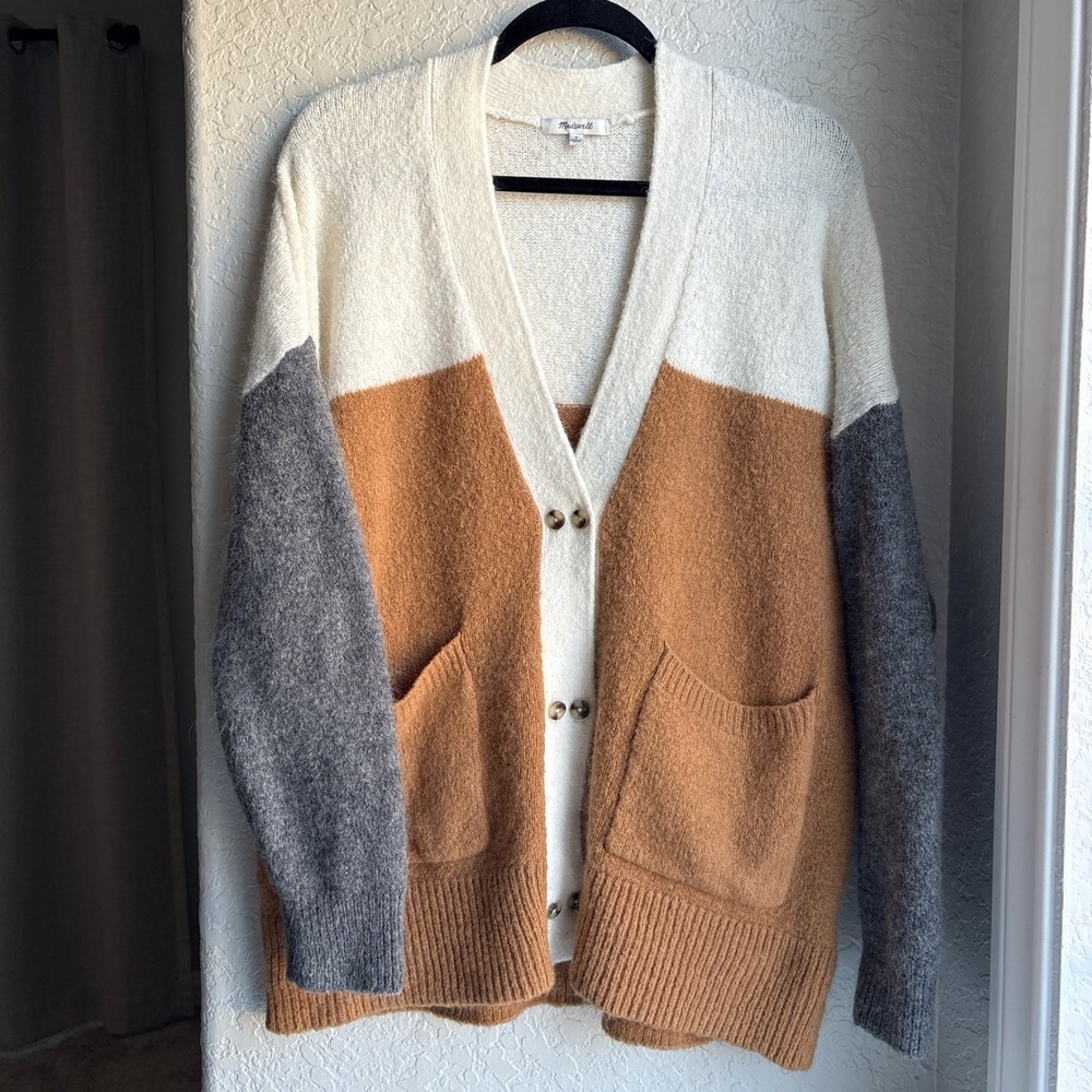 Madewell Womens M Cardigan Sweater Colorblock Wool‎ Alpaca Brown Cream Gray